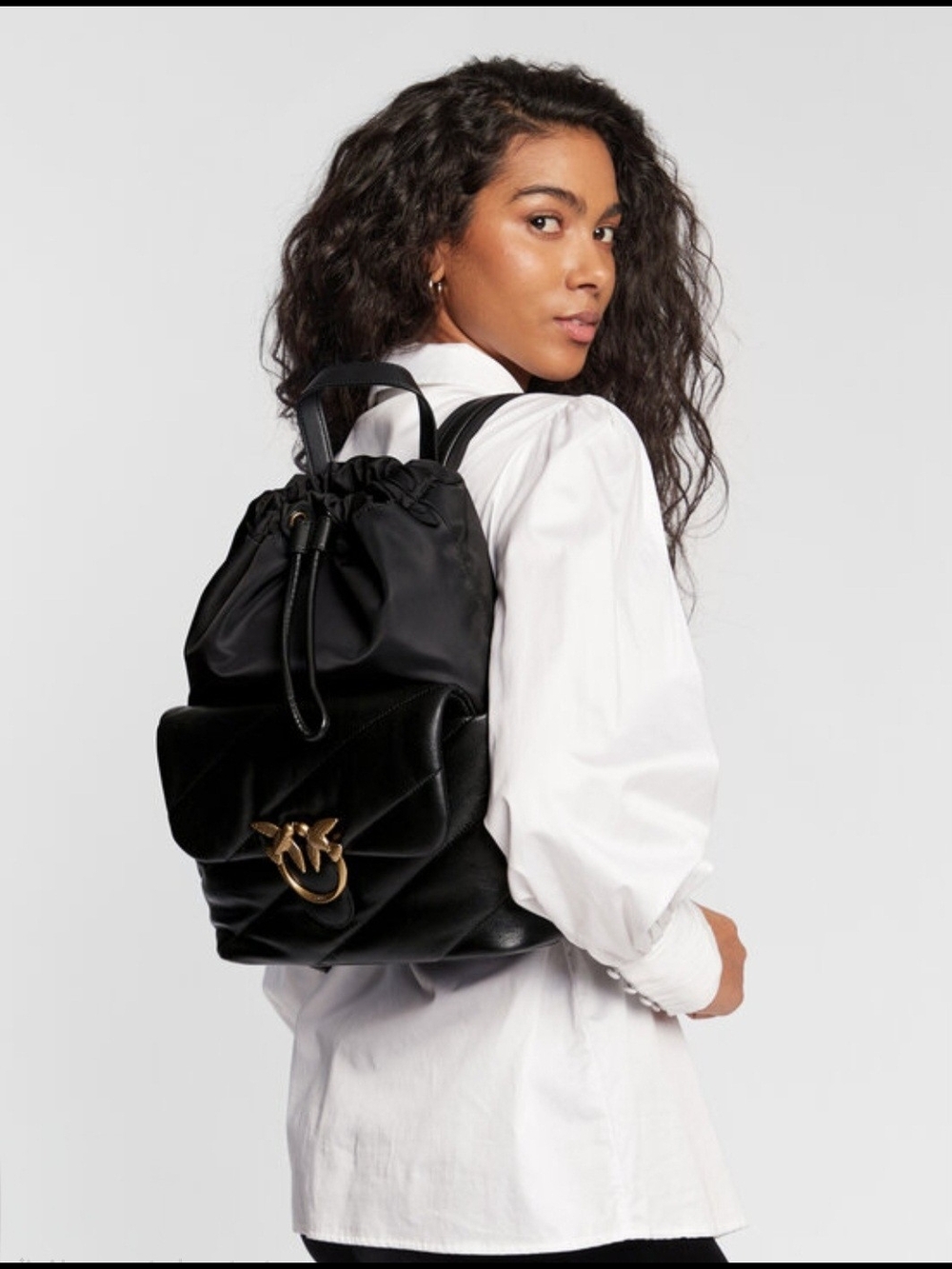 PINKO Black Love Puff Quilted Leather & Nylon Drawstring Backpack NWT Dust Bag